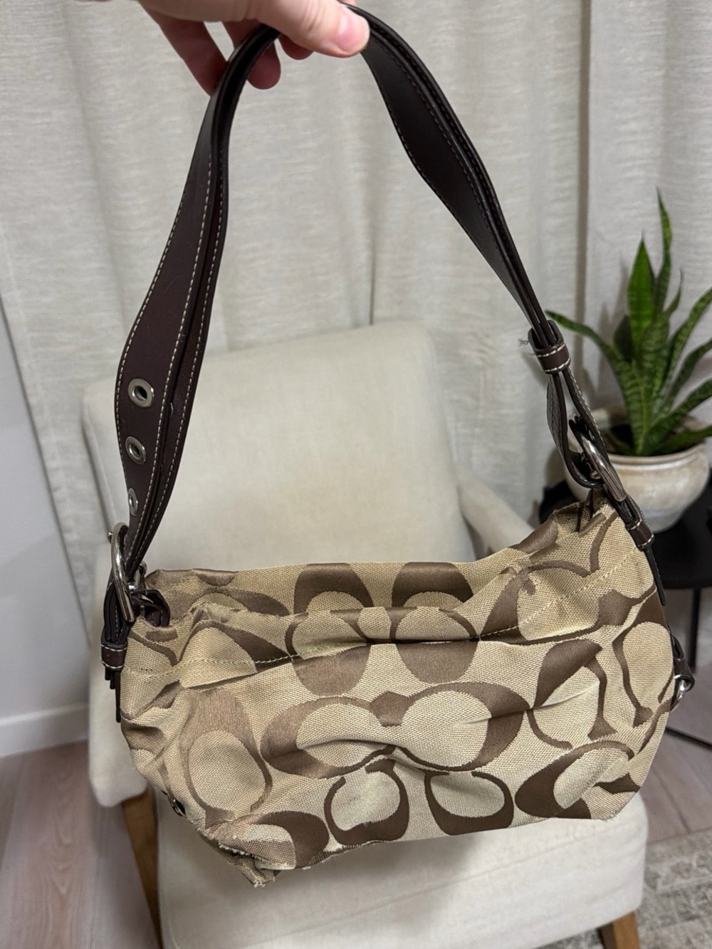 Beige and Brown Patterned Shoulder Bag